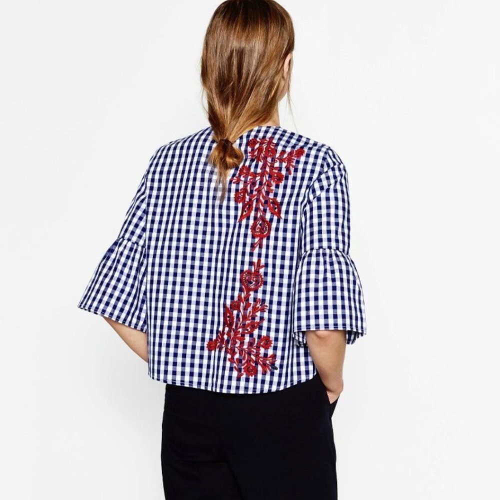 Zara Embroidered Cotton Floral Check Top Ruffle Sleeves Blue White Red Size S - Picture 2 of 5